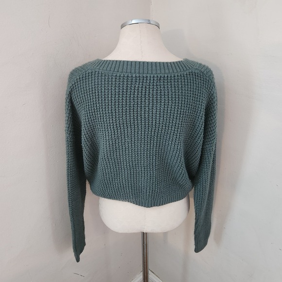 Aeropostale Womens Teal Blue Waffle Knit Cropped V-Neck Sweater Size L - Picture 2 of 5